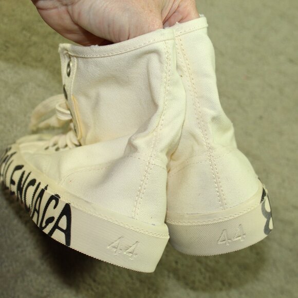 Balenciaga Unisex Ivory Paris Distressed Canvas High-Top Sneakers Shoes - Picture 5 of 7